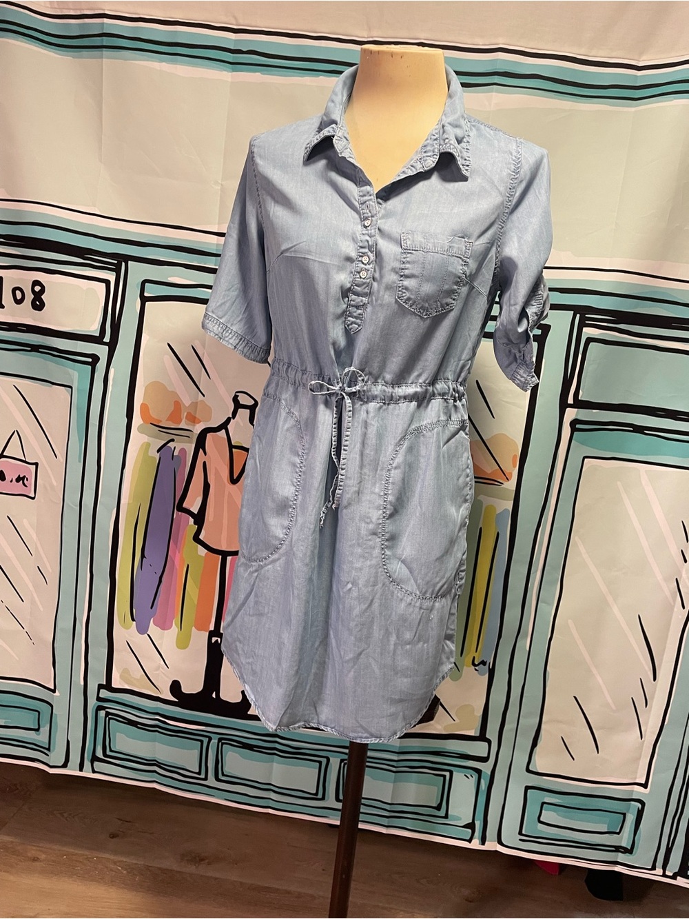 Light Blue Chambray Drawstring Mini Dress